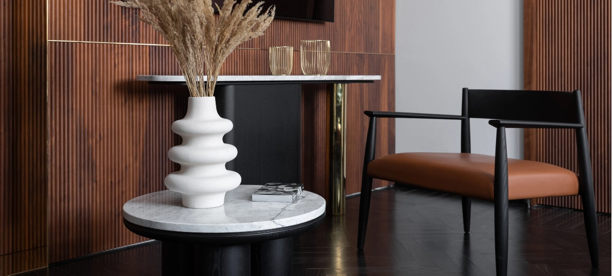 Interior with marble tables